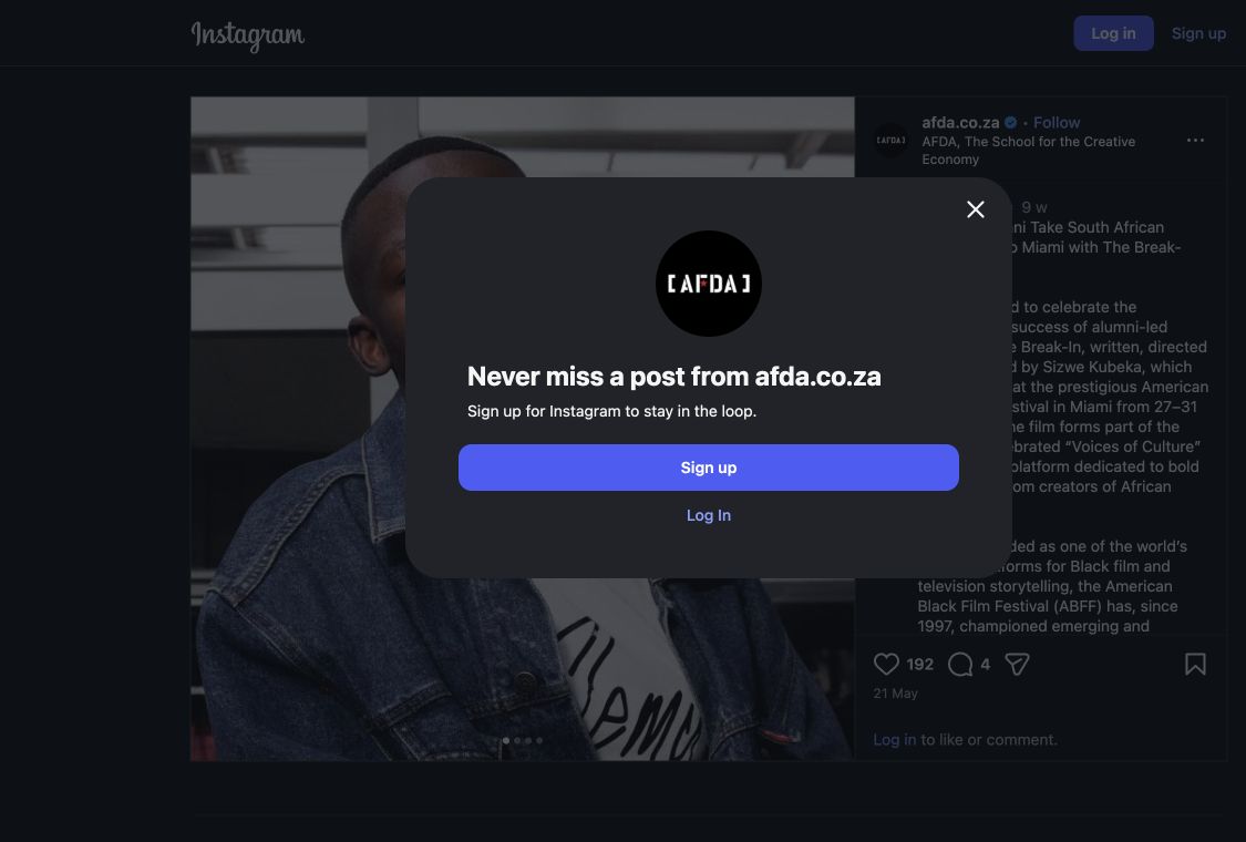 Screenshot of AFDA's Instagram post about The Break-In