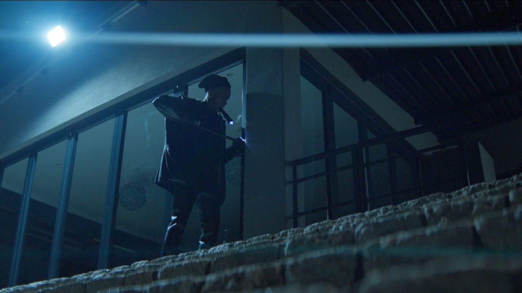 A blue-toned scene from The Break-In with a figure outside a modern house at night